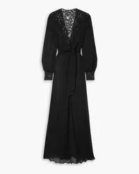 Loretta Caponi Celia belted corded lace-paneled silk-georgette robe - Black Black