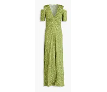 Cold-shoulder polka-dot crinkled-satin midi dress - Green