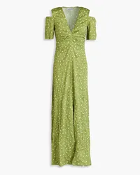 Ganni Cold-shoulder polka-dot crinkled-satin midi dress - Green Green