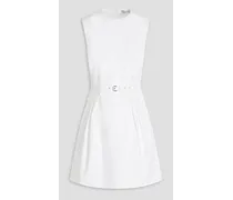 Belted pleated cotton-blend twill mini dress - White