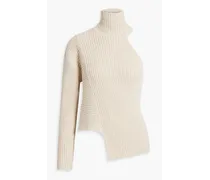 One-sleeve ribbed cotton and cashmere-blend turtleneck top - White