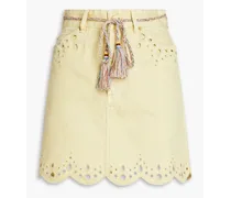 Belted broderie anglaise-trimmed denim mini skirt - Yellow