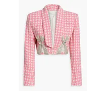 Cropped embellished houndstooth wool-blend tweed blazer - Pink