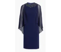 Cape-effect embellished chiffon and crepe dress - Blue