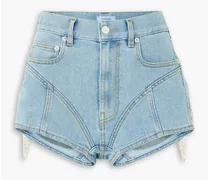 Crystal-embellished fringed paneled denim shorts - Blue