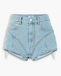 Thierry Mugler Crystal-embellished fringed paneled denim shorts - Blue Blue