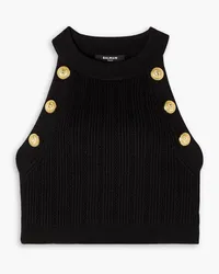 Balmain Cropped embellished ribbed-knit halterneck top - Black Black