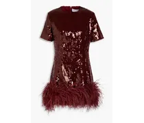 16ARLINGTON Syrmamini feather-embellished sequined mesh mini dress - Burgundy Burgundy
