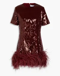 16ARLINGTON Syrmamini feather-embellished sequined mesh mini dress - Burgundy Burgundy