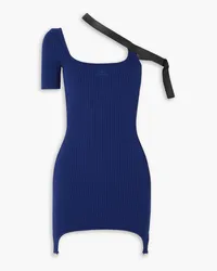 Courrèges Asymmetric faux leather-trimmed embroidered ribbed-knit mini dress - Blue Blue