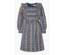Deva ruffled floral-print linen dress - Blue