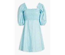 Shirred floral-print cotton-poplin mini dress - Blue