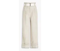 Belted pleated linen wide-leg pants - Neutral