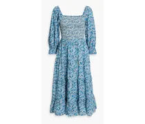 Minnie tiered smocked floral-print cotton-poplin midi dress - Blue