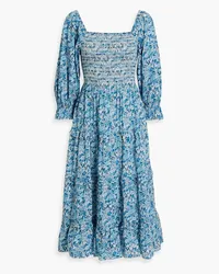 LoveShackFancy Minnie tiered smocked floral-print cotton-poplin midi dress - Blue Blue