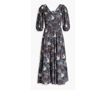 Lucinda shirred printed cotton midi dress - Blue