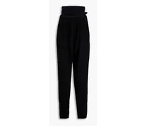 Silk-trimmed pleated wool-blend tapered pants - Black