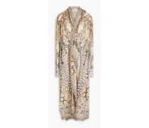 Embellished printed silk crepe de chine and jersey kimono - Neutral