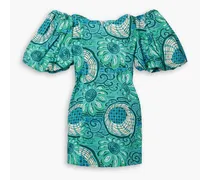 Dali off-the-shoulder printed linen mini dress - Blue