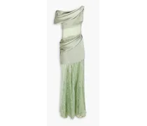 Corded lace-paneled draped satin-crepe gown - Green