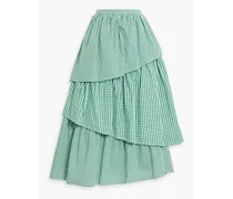 Lorena tiered gingham cotton-jacquard midi skirt - Green