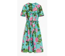 Belted floral-print cotton-poplin midi dress - Green