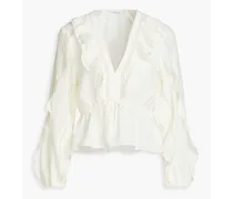 Ruffled embroidered crepe blouse - White