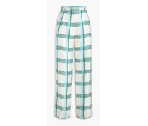 Pleated checked silk-twill straight-leg pants - White
