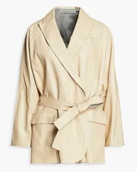 Brunello Cucinelli Convertible belted leather and wool-flannel jacket - Neutral Neutral