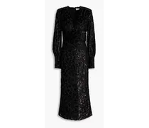 Aspen draped metallic devoré-velvet midi dress - Black