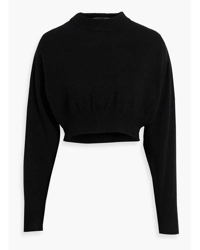 Cropped tulle-paneled cutout knitted sweater - Black