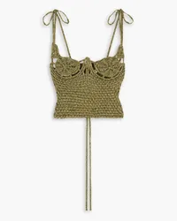 Isa Boulder Spiralweave cropped lace-up metallic woven jersey bustier top - Green Green