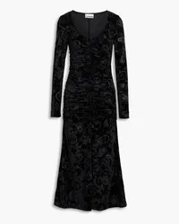 Ganni Ruched velvet-jacquard midi dress - Black Black