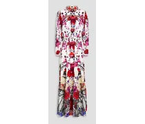 Embellished floral-print silk crepe de chine maxi shirt dress - White