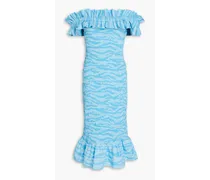 Off-the-shoulder ruffled tiger-print cotton-poplin midi dress - Blue