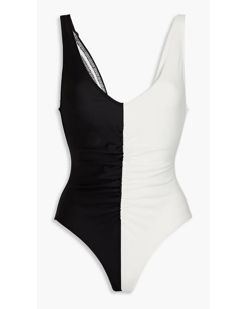 Solid and Striped Open-back ruched two-tone swimsuit - Black Black