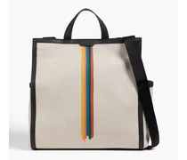 Leather-trimmed striped canvas tote - Neutral - OneSize