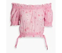 Rosalinda off-the-shoulder cropped floral-print cotton-gauze top - Pink