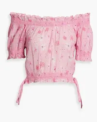 LoveShackFancy Rosalinda off-the-shoulder cropped floral-print cotton-gauze top - Pink Pink