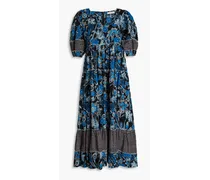 Nora gathered floral-print cotton-blend midi dress - Blue