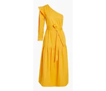 One-shoulder belted cotton-poplin midi dress - Yellow