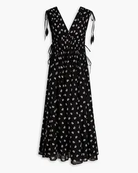 Tory Burch Gathered embroidered cotton-voile midi dress - Black Black