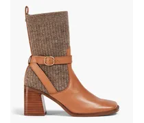 Buckled stretch-knit and leather ankle boots - Brown