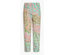 Printed cotton and linen-blend tapered pants - Green