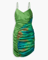 AHLUWALIA Jade ruched printed satin-twill mini dress - Green Green