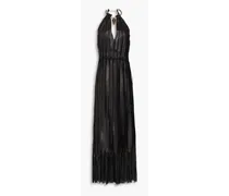 Open-back embellished corded lace and leather maxi dress - Black