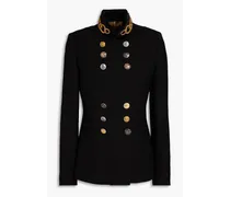 Double-breasted embellished wool-blend crepe jacket - Black