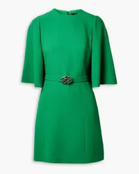 Andrew GN Cape-effect belted crystal and faux pearl-embellished crepe mini dress - Green Green