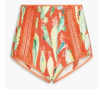 Shirred printed cotton-blend shorts - Orange