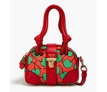 Leather-trimmed printed canvas tote - Red